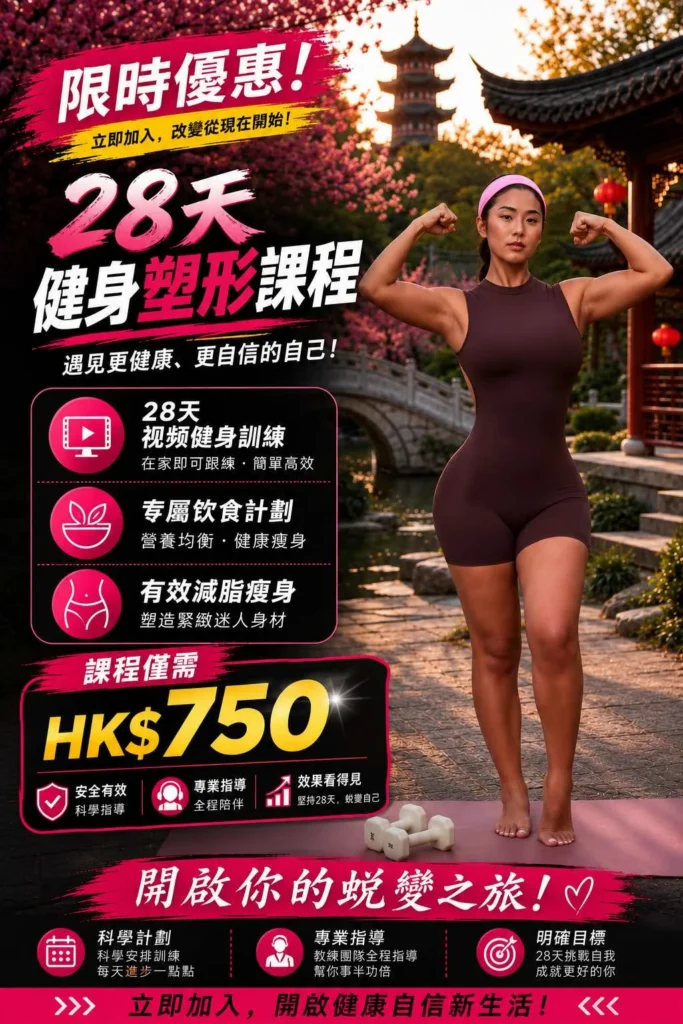 HUNAO NAO 28天健身塑形课程宣传海报，28-Day Fitness Transformation Program poster，课程价格港币750元